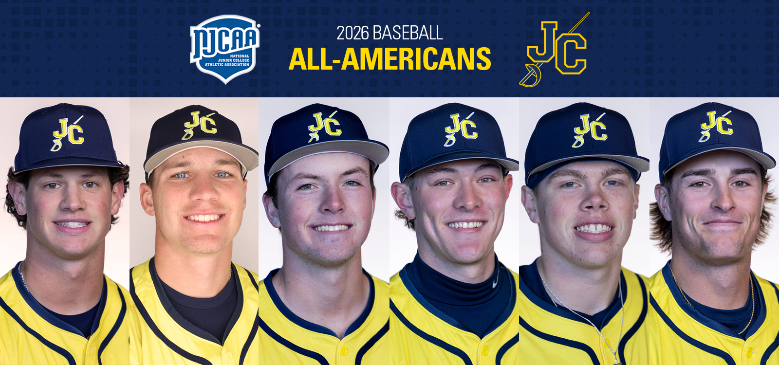 Graphic titled “2026 Baseball All-Americans” featuring the NJCAA logo and a “JC” logo at the top. Below the heading are six side-by-side headshot photos of Johnson County Community College baseball players wearing navy caps with a yellow “JC” logo and yellow jerseys. The design has a dark blue patterned background and highlights the team’s six NJCAA All-America honorees.