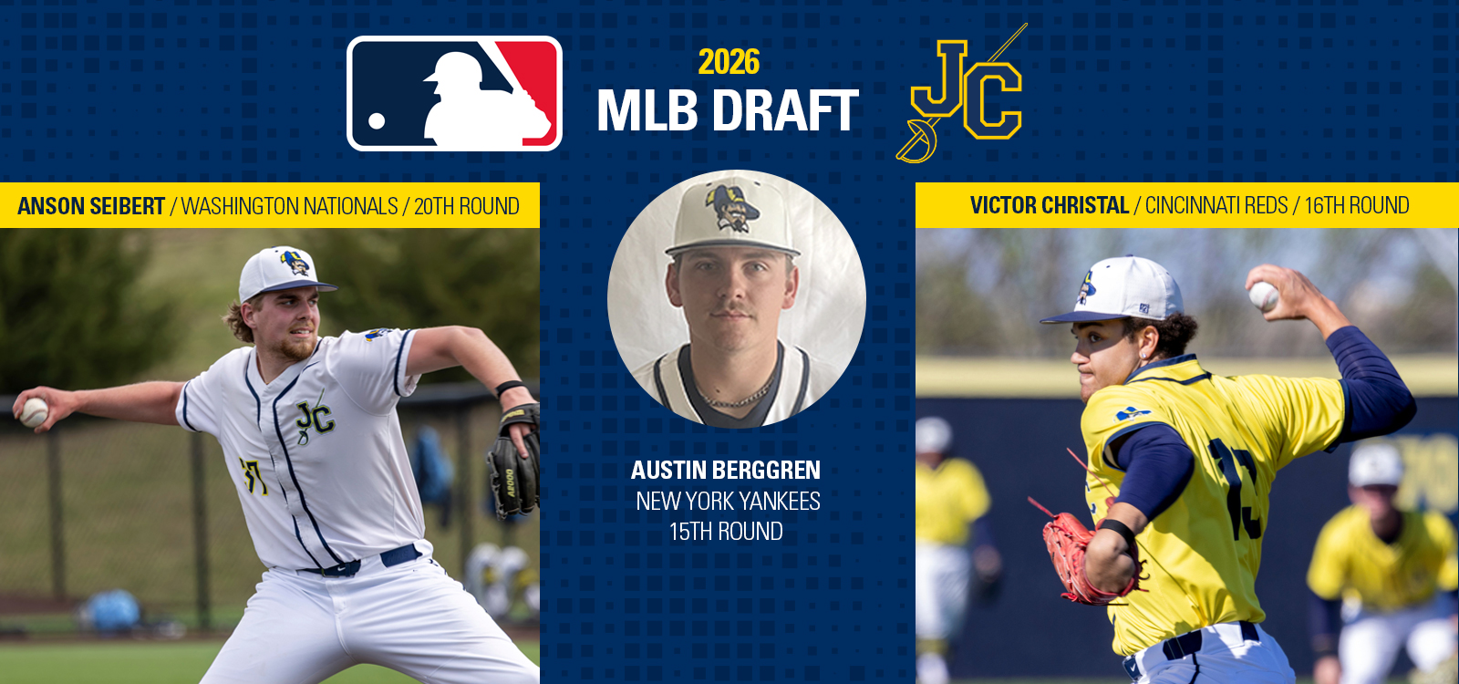 Graphic celebrating three baseball players selected in the 2026 MLB Draft. At the top, the MLB logo appears beside the text “2026 MLB Draft” and a yellow-and-blue “JC” logo. Three player photos are displayed across the graphic on a dark blue patterned background. On the left, a player in a white JC baseball uniform is shown pitching, with the caption: “Anson Seibert / Washington Nationals / 20th Round.” In the center, a circular headshot of a player in a JC cap appears above the text: “Austin Berggren / New York Yankees / 15th Round.” On the right, a player in a yellow JC jersey is shown pitching, with the caption: “Victor Christal / Cincinnati Reds / 16th Round.” The design uses blue, yellow, and white team colors throughout.