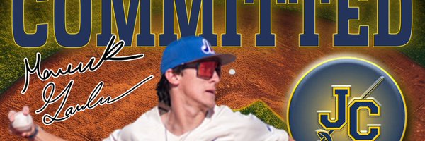 Promotional baseball commitment graphic featuring a player in a white jersey and blue cap mid-throw, holding a baseball in the foreground. The background shows a textured baseball-field surface with warm brown and green tones. Large bold text across the top reads “COMMITTED.” A stylized signature reading “Maverick Gardner” appears in white cursive on the left. On the right side, a circular emblem displays the letters “JC” in yellow against a blue background.