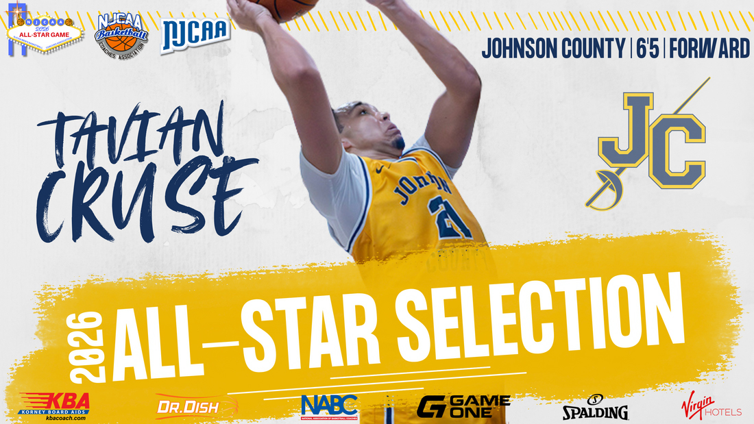 Promotional basketball graphic announcing a 2026 All?Star selection. A Johnson County Community College player in a gold Johnson County jersey, number 21, is shown shooting a basketball against a light textured background with blue and gold accents. Large text reads “Talvan Cruse” and “2026 All?Star Selection.” The top right reads “Johnson County | 6’5 | Forward,” with the JC logo beside it. Logos for the NJCAA, NJCAA Basketball Coaches Association All?Star Game, and sponsors including KBA, Dr. Dish, NABC, Game One, Spalding, and Virgin Hotels appear along the top and bottom.