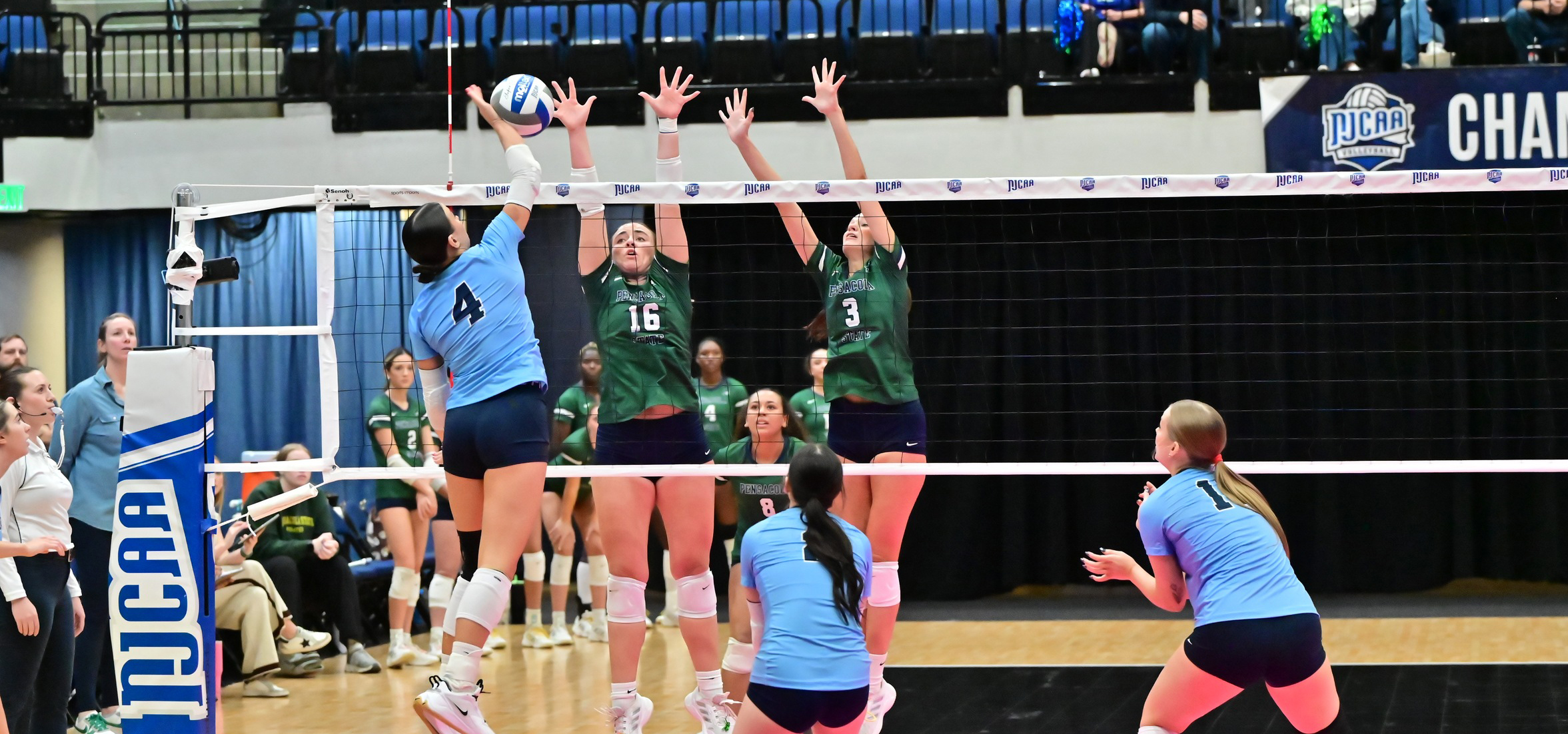 The photo captures an intense volleyball match during what appears to be a championship event, as indicated by the NJCAA Championship banner in the background. The setting is an indoor sports arena with a hardwood court and a net dividing the two teams.
In the foreground:

A player in a light blue jersey with the number 4 is airborne, executing a powerful spike toward the opposing side.
Two players in green jerseys, numbered 16 and 3, are positioned at the net with arms extended high, attempting to block the spike.
Another player in a light blue jersey is crouched and ready for action, likely preparing for a defensive move.

In the background:

Additional players from both teams are visible, standing in ready positions.
Spectators and officials can be seen near the court and in the stands, adding to the competitive atmosphere.

Notable details:

The net has branding for BEAR and NJCAA, reinforcing the official nature of the event.
The players are wearing knee pads and athletic shoes, typical for volleyball competition.
The lighting is bright and evenly distributed, highlighting the action on the court.